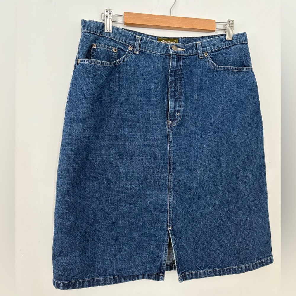 EDDIE BAUER Sz 14 Blue Denim Skirt Western Cottage Core Work Travel Casual Knee